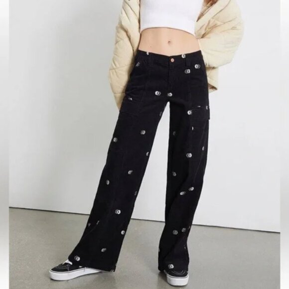 PacSun Black Smiley Face Corduroy Pants Low Rise Puddle Cargo Baggy Small S EUC - Picture 1 of 15